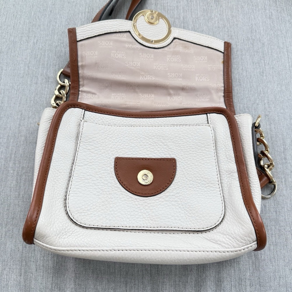Michael Kors Margo Tan with White Pebbled Leather & Chain Crossbody Bag Purse - Picture 13 of 16